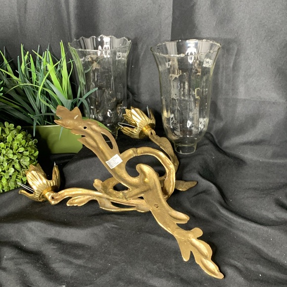 Large Vintage Brass French Louis XV Style Candlestick Wall Scones with glass - Picture 10 of 11